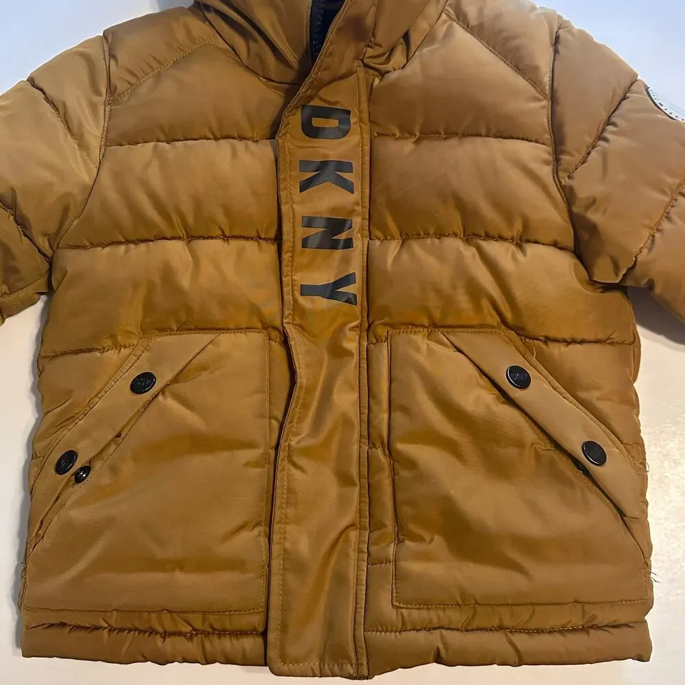 DKNY Puffer Coat Boys Size 4 Mustard Brown Hooded Quilted Outdoor Winter Gorp